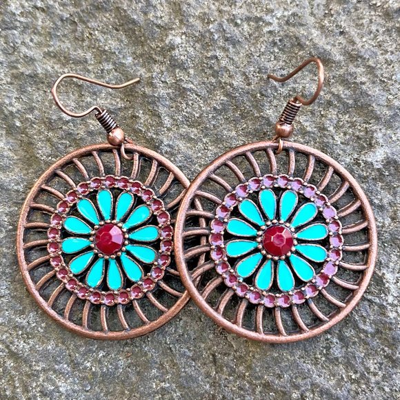 Blue Flower Circle Drop Earrings - Picture 4 of 4